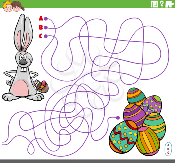 Cartoon illustration of lines maze puzzle game with Easter Bunny character and colored eggs