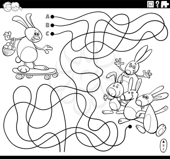 Black and white cartoon illustration of lines maze puzzle game with Easter Bunny character on skateboard coloring book page