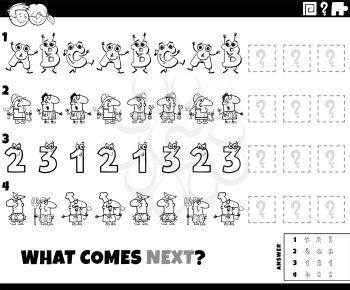 Black and white cartoon illustration of completing the pattern educational game for children with comic people and letters characters coloring book page