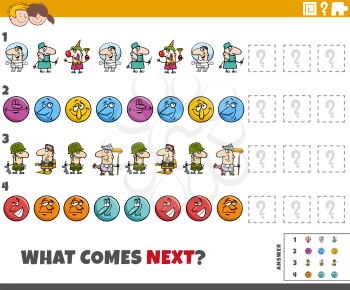 Cartoon illustration of completing the pattern educational game for children with comic characters