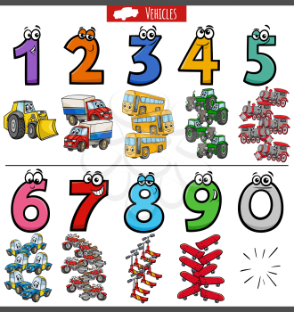 Cartoon illustration of educational numbers set from one to nine with transportation vehicles