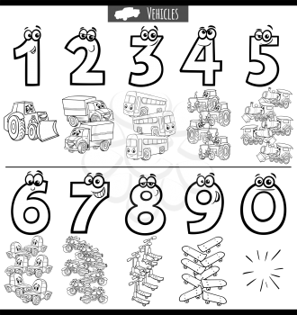 Black and white cartoon illustration of educational numbers set from one to nine with transportation vehicles