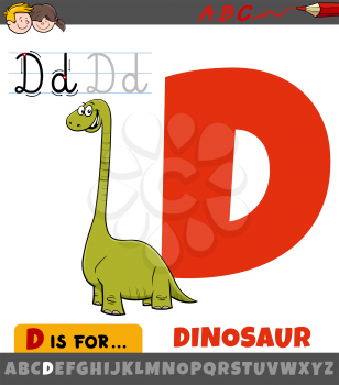 Educational cartoon illustration of letter D from alphabet with dinosaur character for children 