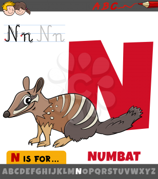 Educational cartoon illustration of letter N from alphabet with numbat animal character for children 
