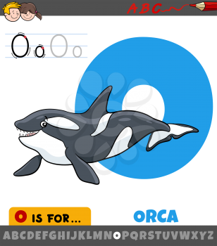 Educational cartoon illustration of letter O from alphabet with orca animal character for children 
