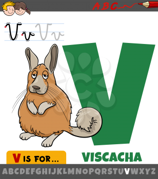 Educational cartoon illustration of letter V from alphabet with viscacha animal character for children 