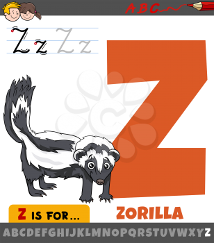 Educational cartoon illustration of letter Z from alphabet with zorilla animal character for children 