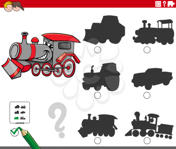 Cartoon illustration of finding the right shadow to the picture educational game for children with locomotive character