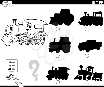 Black and white cartoon illustration of finding the right shadow to the picture educational game for children with locomotive character coloring book page