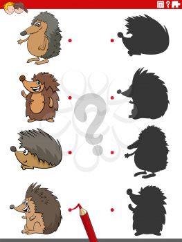 Cartoon illustration of match the right shadows with pictures educational game for children with hedgehogs characters