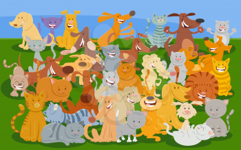 Cartoon illustration of funny cats and dogs comic animal characters group