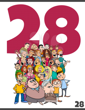Cartoon illustration of number twenty eight for children with funny people characters crowd