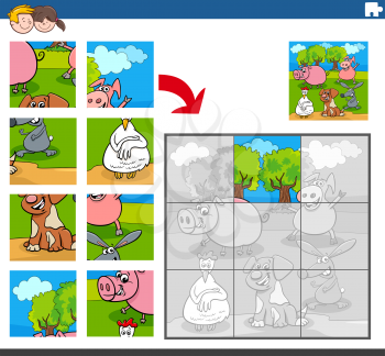 Cartoon illustration of educational jigsaw puzzle game for children with farm animal characters
