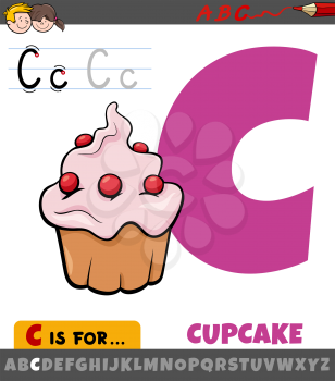 Educational cartoon illustration of letter C from alphabet with cupcake sweet food object