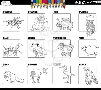 Black and white cartoon illustration of basic colors with comic animal characters educational set coloring book page