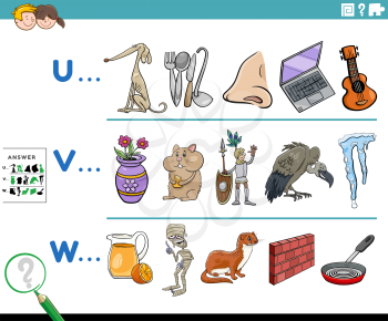 Cartoon illustration of finding pictures starting with referred letter educational game worksheet for preschool or elementary school children with comic characters