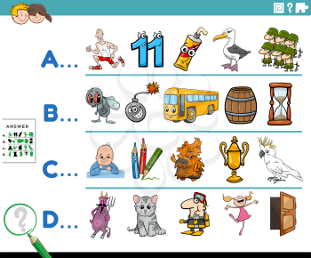 Cartoon illustration of finding pictures starting with referred letter educational task worksheet for preschool or elementary school children with comic characters