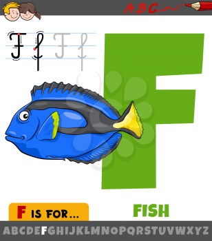 Educational cartoon illustration of letter F from alphabet with fish animal character