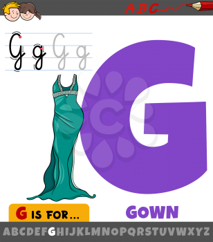 Educational cartoon illustration of letter G from alphabet with gown object