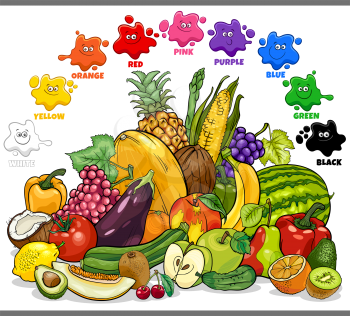 Educational cartoon illustration of basic colors for children with vegetables and fruits food objects group