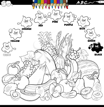 Black and white educational cartoon illustration of basic colors for children with vegetables and fruits food objects group coloring book page