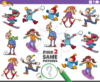 Cartoon illustration of finding two same pictures educational game with funny kids characters on winter time