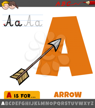Educational cartoon illustration of letter A from alphabet with arrow object