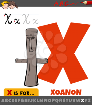Educational cartoon illustration of letter X from alphabet with xoanon object