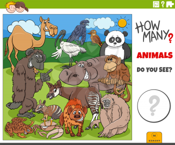 Illustration of educational counting task for children with cartoon animals characters group