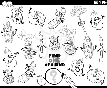 Black and white cartoon illustration of find one of a kind picture educational task for children with comic vegetable characters coloring book page