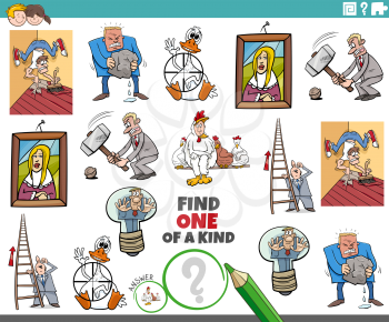 Cartoon illustration of find one of a kind picture educational task for children with comic characters and proverbs