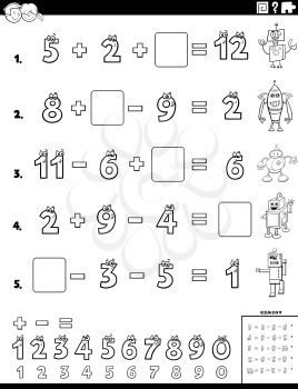 Black and white cartoon illustration of educational mathematical calculation task worksheet for elementary school children
