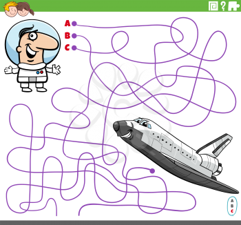 Cartoon illustration of lines maze puzzle game with astronaut character and space shuttle