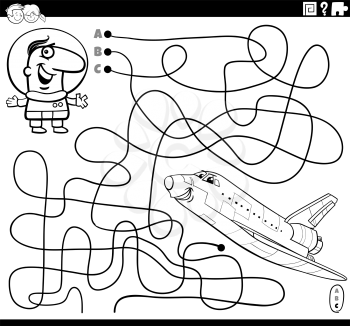Black and white cartoon illustration of lines maze puzzle game with astronaut character and space shuttle coloring book page