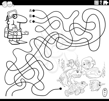 Black and white cartoon illustration of lines maze puzzle game with scuba diver character and tropical fish underwater coloring book page