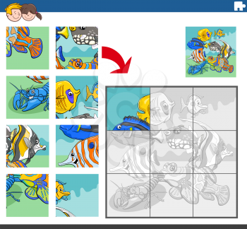 Cartoon illustration of educational jigsaw puzzle game for children with tropical fish animal characters