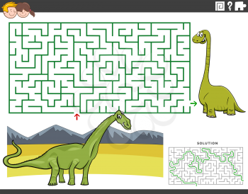Cartoon illustration of educational maze puzzle game for children with funny dinosaurs characters