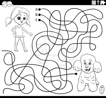 Black and white cartoon illustration of lines maze puzzle game with girl character and poodle dog coloring book page