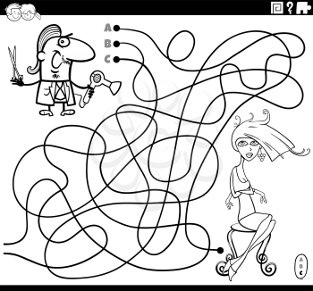 Black and white cartoon illustration of lines maze puzzle game with hairdresser and young woman characters coloring book page