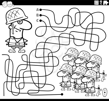 Black and white cartoon illustration of lines maze puzzle game with soldier character and army coloring book page