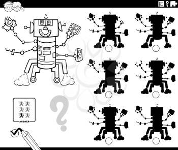 Black and white cartoon illustration of finding the shadow without differences educational game for children with funny robot character coloring book page