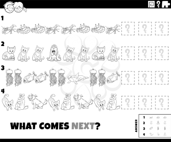 Black and white cartoon illustration of completing the pattern educational game for children with comic animals characters coloring book page