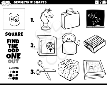 Black and white cartoon illustration of square geometric shape educational odd one out task for children coloring book page