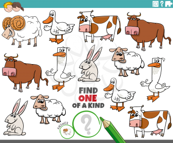 Cartoon illustration of find one of a kind picture educational task with funny farm animal characters