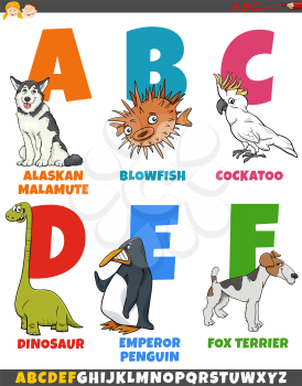 Cartoon illustration of educational colorful alphabet set from letter A to F with animal characters