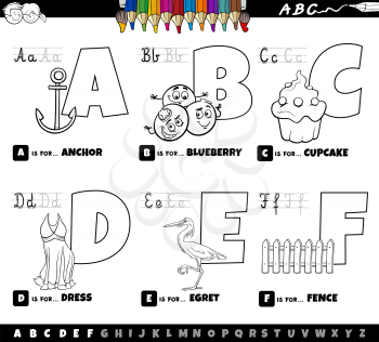 Black and white cartoon illustration of capital letters from alphabet educational set for reading and writing practice for children from A to F coloring book page
