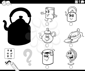 Black and white cartoon illustration of finding the right picture to the shadow educational task for children with funny object characters coloring book page
