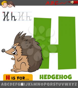 Educational cartoon illustration of letter H from alphabet with hedgehog animal character