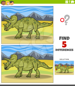 Cartoon illustration of finding the differences between pictures educational game for children with triceratops dinosaur prehistoric animal character
