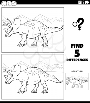Black and white cartoon illustration of finding the differences between pictures educational game for children with triceratops dinosaur prehistoric animal character coloring book page